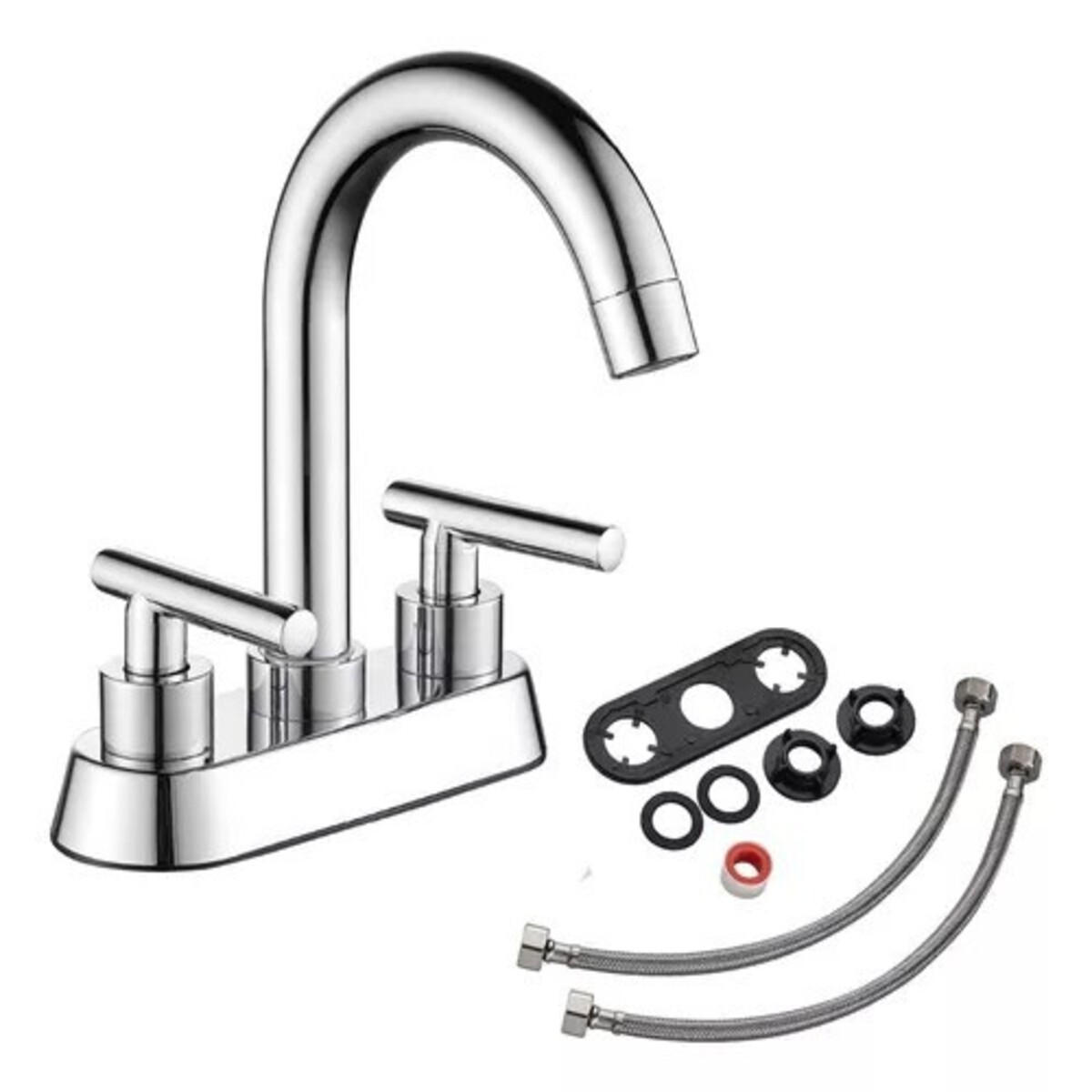 WASCHTISCHARMATUR 4 ZOLL DOPPELHEBEL EDELSTAHL MIT KLICK-ABLAUF - Silberfarben, Metall (25/12/16cm) - Authentics