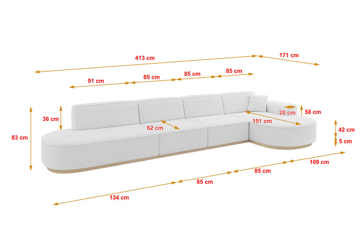ECKSOFA Ottomane Rechts MARI-L3-v1 - 413x171x83 cm Weiß Bouclé - Weiß, Holzwerkstoff/Textil (171/413cm) - ALTDECOR