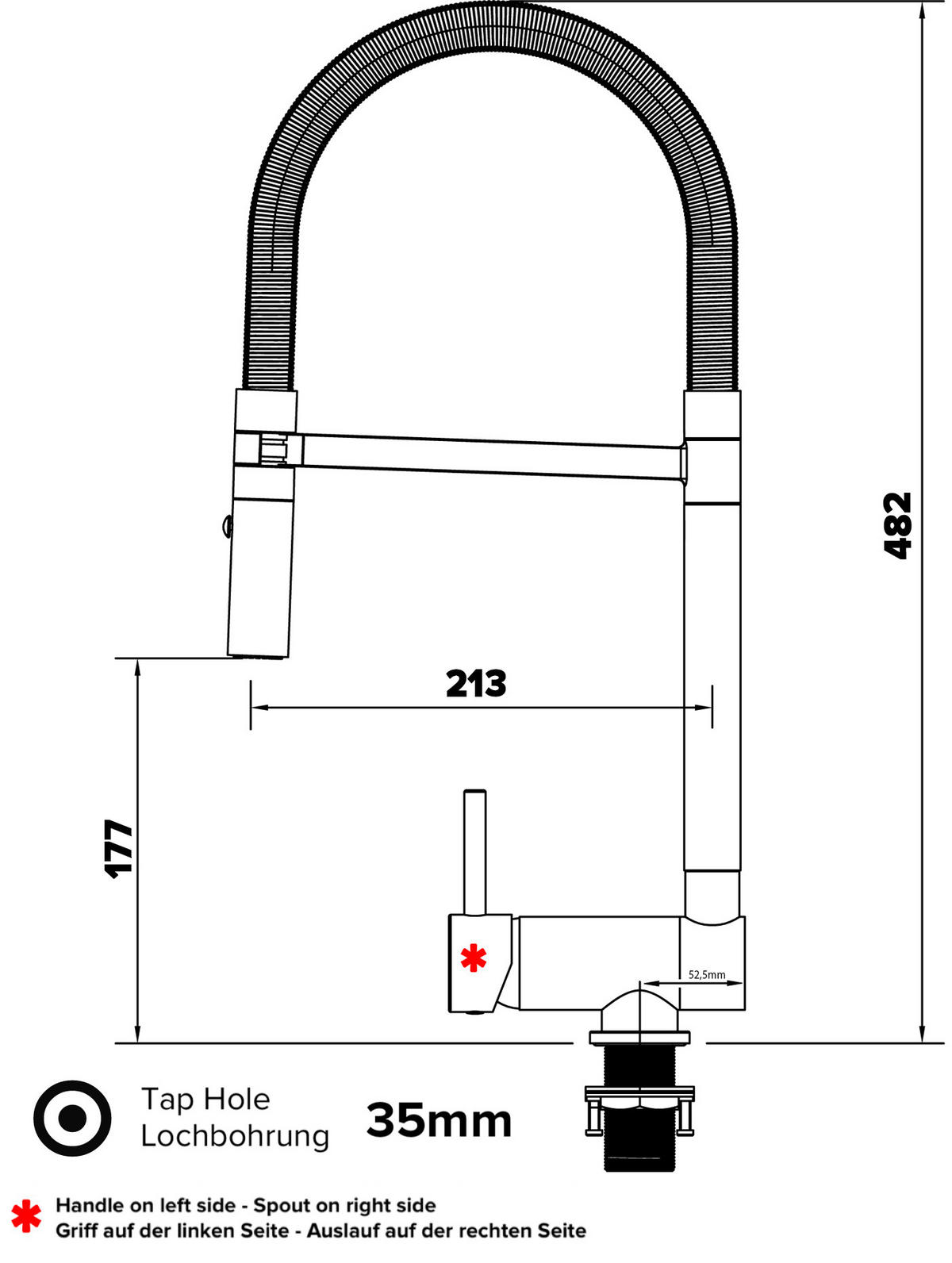 VORFENSTER-KÜCHENARMATUR, Umklappbar 6 CM, Verchromt und Schwarz Matt, 2-Strahl-Brause, LINKER HEBEL - Schwarz, Metall (21.3/48.2/21.3cm) - VIZIO