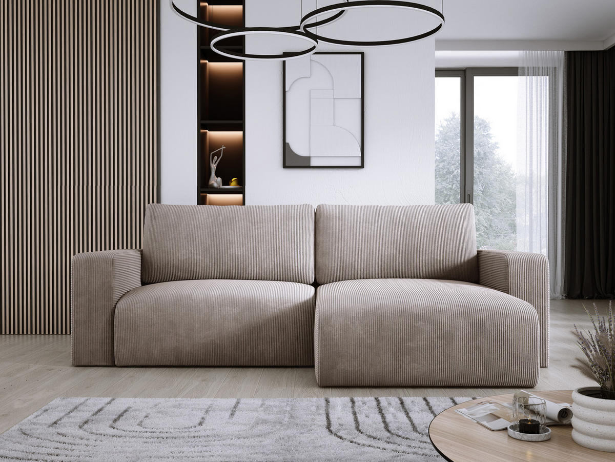 ECKSOFA Carl L-förmig Schlaffunktion und Bettkasten weicher Cordstoff flexibel stellbar lose Rückenkissen freistehend RECHTS 247x143x83cm Cappuccino - Cappuccino, Holz/Textil (247/143cm) - DomoHome
