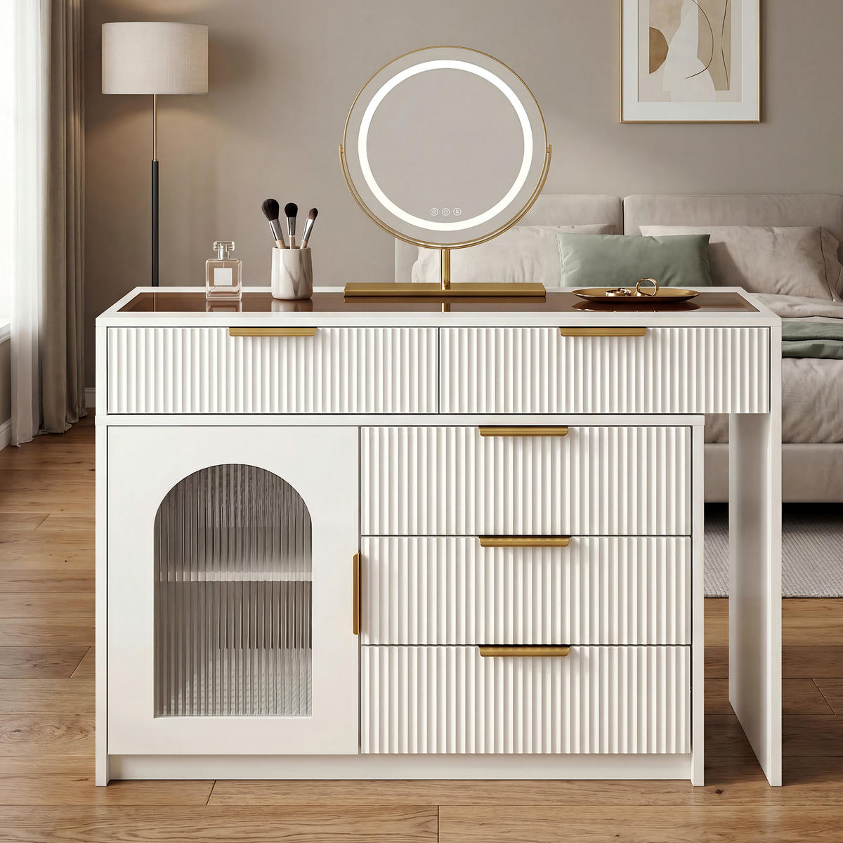 TOALETNÍ STOLEK s LED zrcadlem, skleněnou deskou, rýhovaným čelem, úložným prostorem Bílá 90 až 160 cm - bílá, kompozitní dřevo (170/75/40cm) - EVRYAE