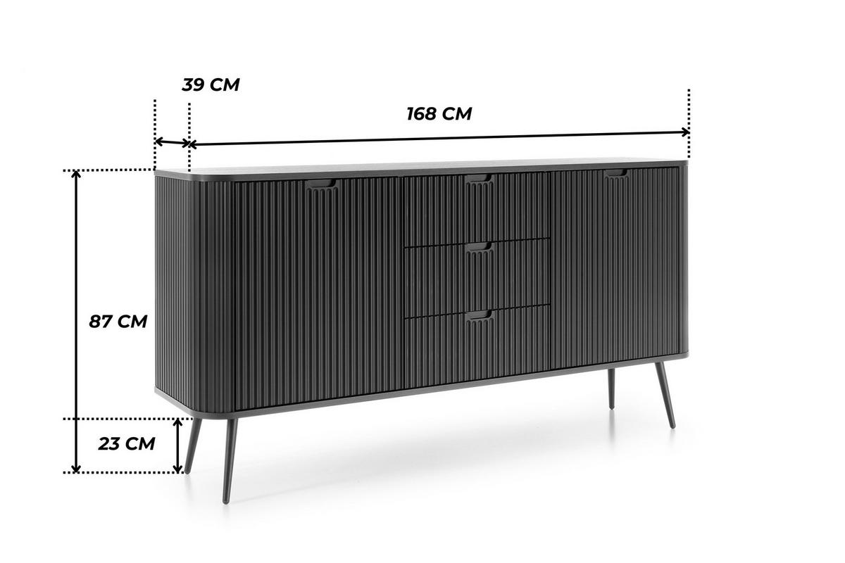 KOMMODE PORTO (Oval, Rillenfront, Schwarz Matt, Schwarze Füße) - Schwarz, Holz/Holzwerkstoff (168/87/39cm) - Ravio