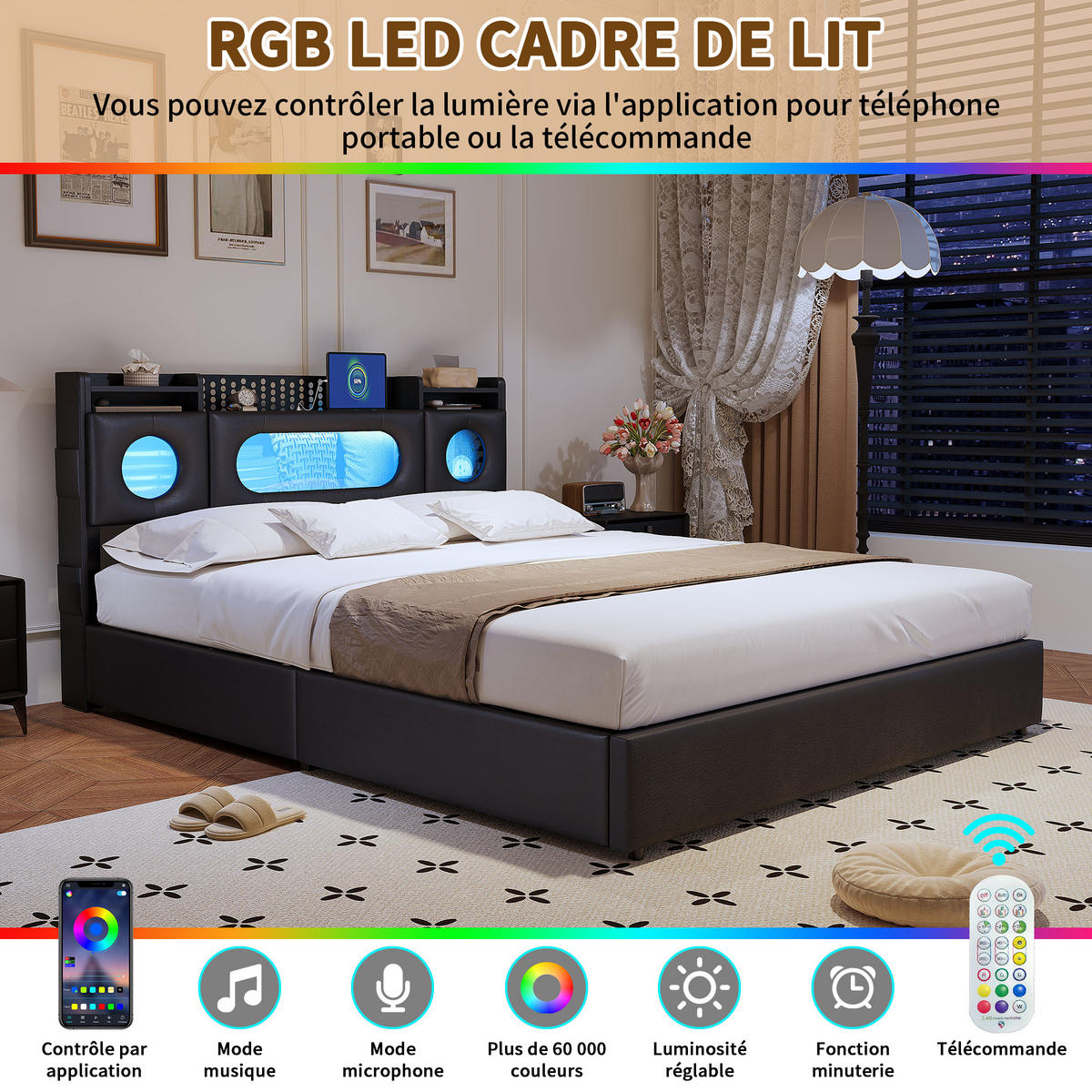 POLSTERBETT 140x200 cm LED USB Lattenrost Stauraum PU schwarz - Schwarz, Holz (140/200cm) - LEBENLANG