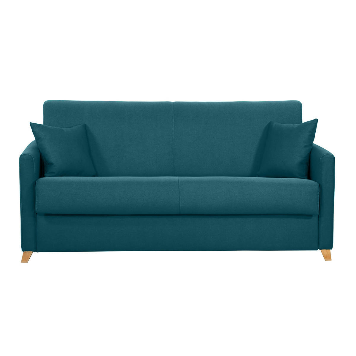 SCHLAFSOFA Skandinavisch Entenblau Helles Holz Matratze 18 cm 3-Sitzer SKANDY - Blau, Textil (99/92/176cm) - Miliboo