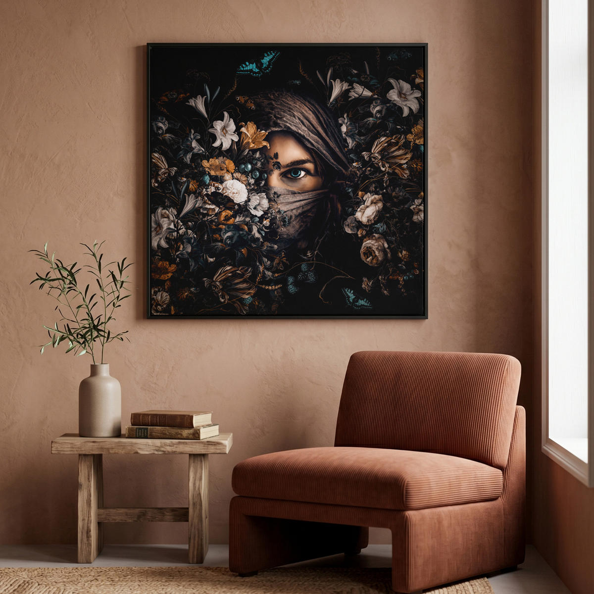 LEINWAND Bilder mit Rahmen - Frau - Luxus - Blumen - Schmetterling - Porträt - 90x90 - Schwarz, Textil (90/90cm) - MuchoWow