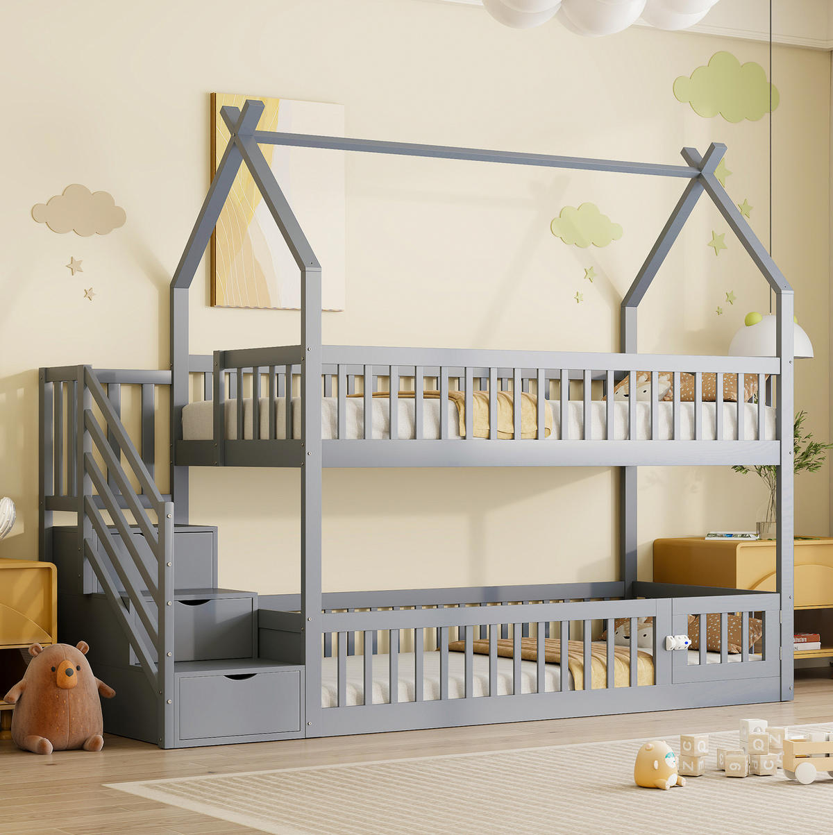 ETAGENBETT aus Massivholz 90x200 cm Grau mit Dach, Sicherheitstreppe und Schubladen - Grau, Holzwerkstoff (90/200cm) - IVMEU
