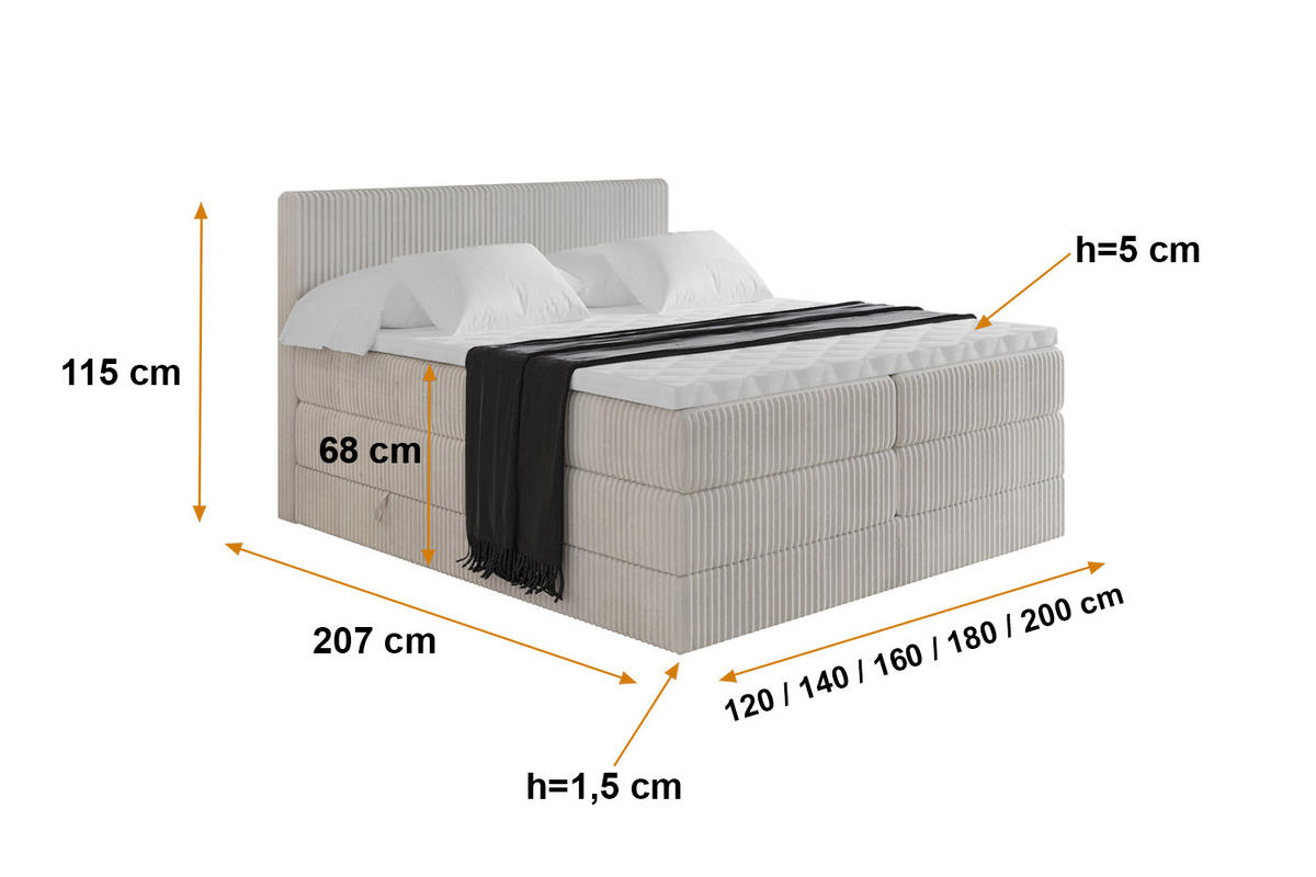BOXSPRINGBETT mit Matratze H3|H4 und Lattenrost - TOLO KING 120x200 Cord - Creme - Creme, Holzwerkstoff (120/200cm) - ALTDECOR