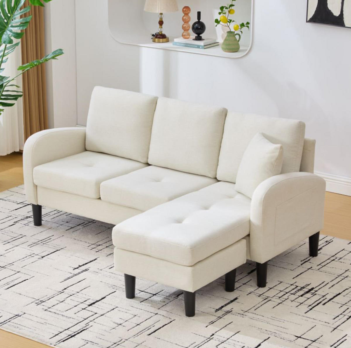 SOFA modular mit Chaiselongue 166 x 118 x 77 cm Hellbeige - Weiß, Holz (118/166cm) - Meubliv