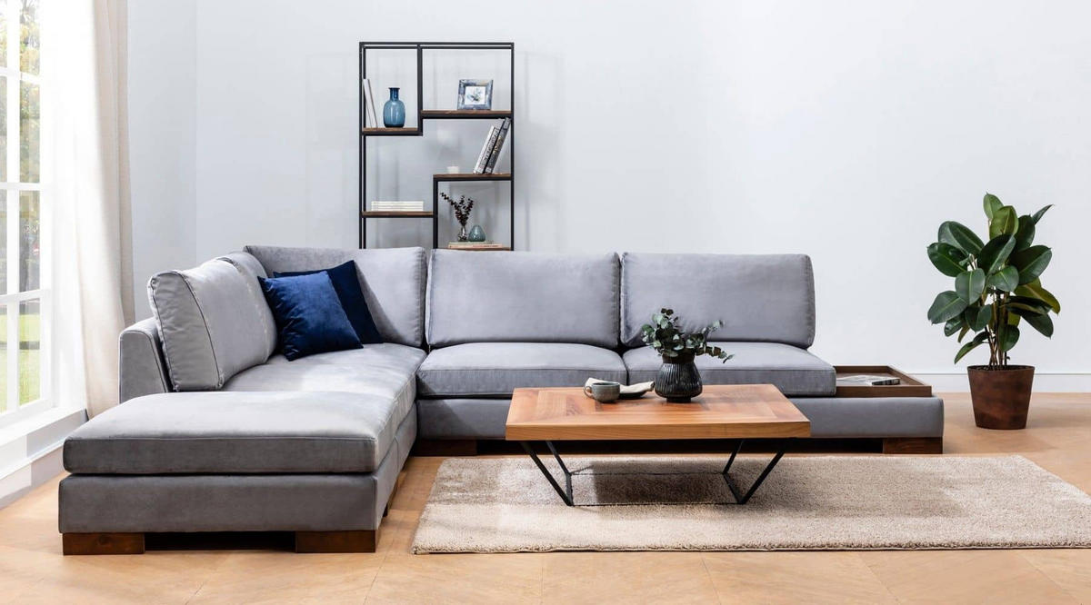 ECKSOFA mit Hocker und Lounge-Design - Dunkelgrau/Anthrazit, Holz/Textil (313/193cm) - myHomelando