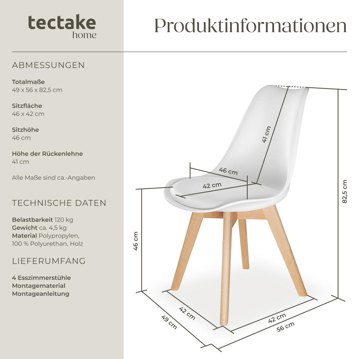 ESSZIMMERSTUHL 4er Set Friederike 49 x 56 x 82,5 cm weiß - Weiß, Textil (49/82.5/56cm) - tectake