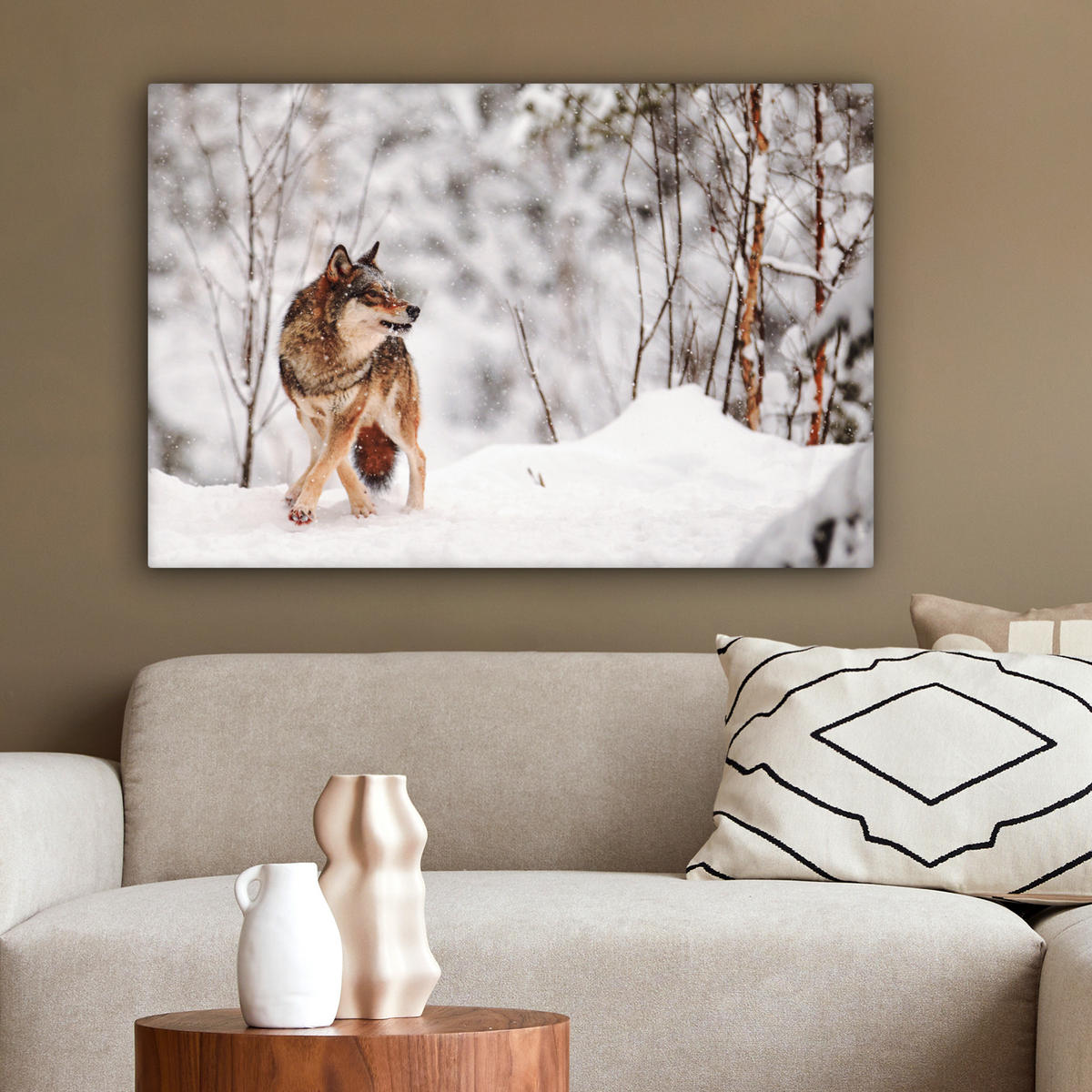 LEINWANDBILD Wolf - Winter - Schnee - Natur - Tiere Gemälde 60x40 cm - Haselnussfarben, Textil (60/40cm) - MuchoWow