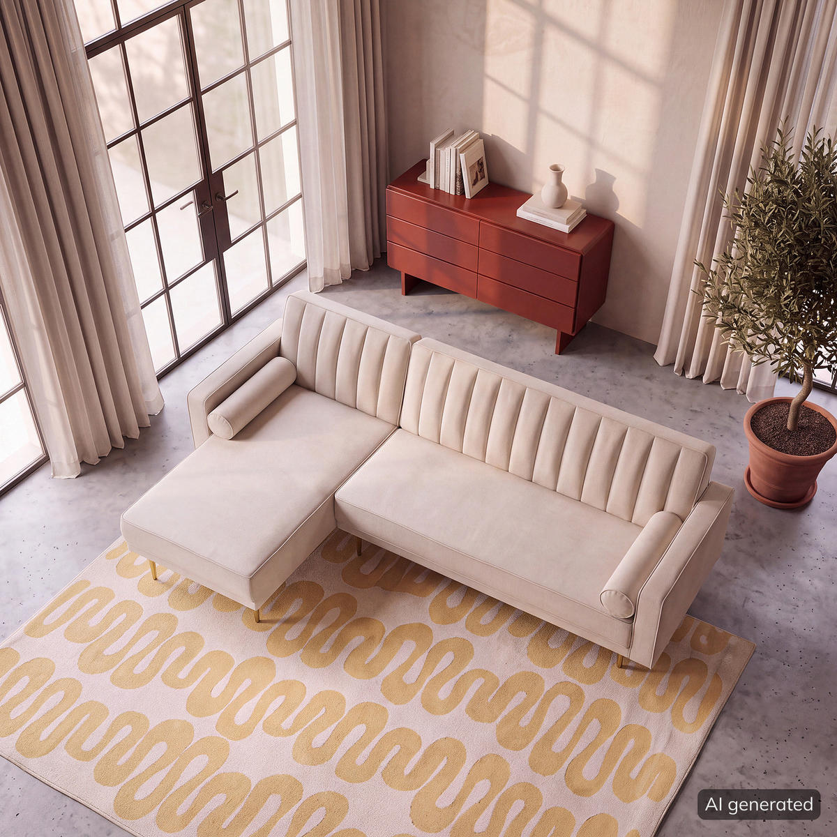 ECKSOFA mit Schlaffunktion - Beige/Goldfarben, Textil/Metall (223/144cm) - home24