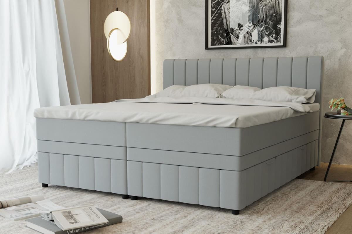 BOXBETT AVALON 180 x 200 cm mit Bettkasten und Topper - Hellgrau - Hellgrau, Holz - Panda Möbel