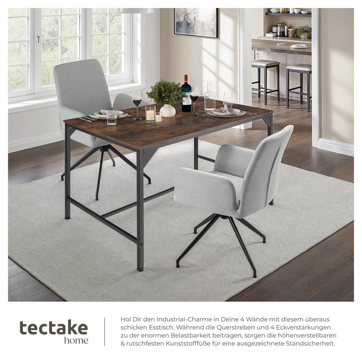 ESSTISCH Belfast,120 x 75 x 75 cm,Industrial Holz dunkel, rustikal - Rostfarben, Holz (120/75/75cm) - tectake