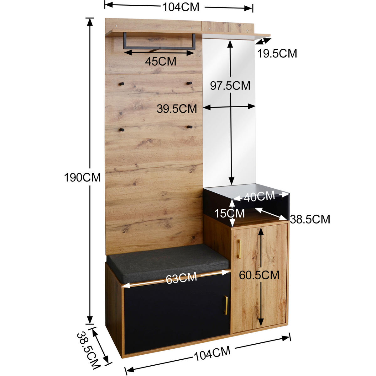 GARDEROBE 105/191,5/40 cm Schwarz aus MDF und Spanplatte mit Spiegel 2er Set - Schwarz, Holzwerkstoff (105/191/40cm) - OKMYHOME