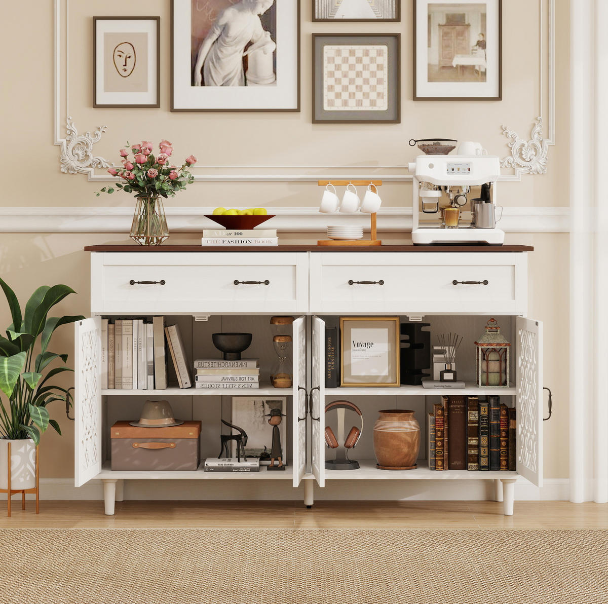 SIDEBOARD aus Spanplatte und Massivholz 150x40x93 cm Weiß mit 4 Türen, 2 Schubladen, verstellbaren Einlegeböden und Vintage-Front - Weiß, Holzwerkstoff (150/90.3/40cm) - Modfu