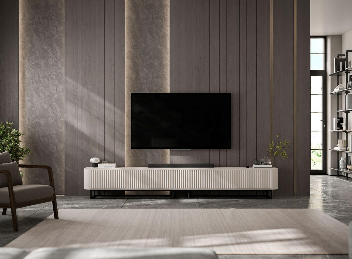 TV omarica Aurora, komplet 2 kosov s kovinskim okvirjem, mat kašmir, 280 cm - kašmir/črna, kovina/leseni material (280/44/35cm) - Meble Lindner