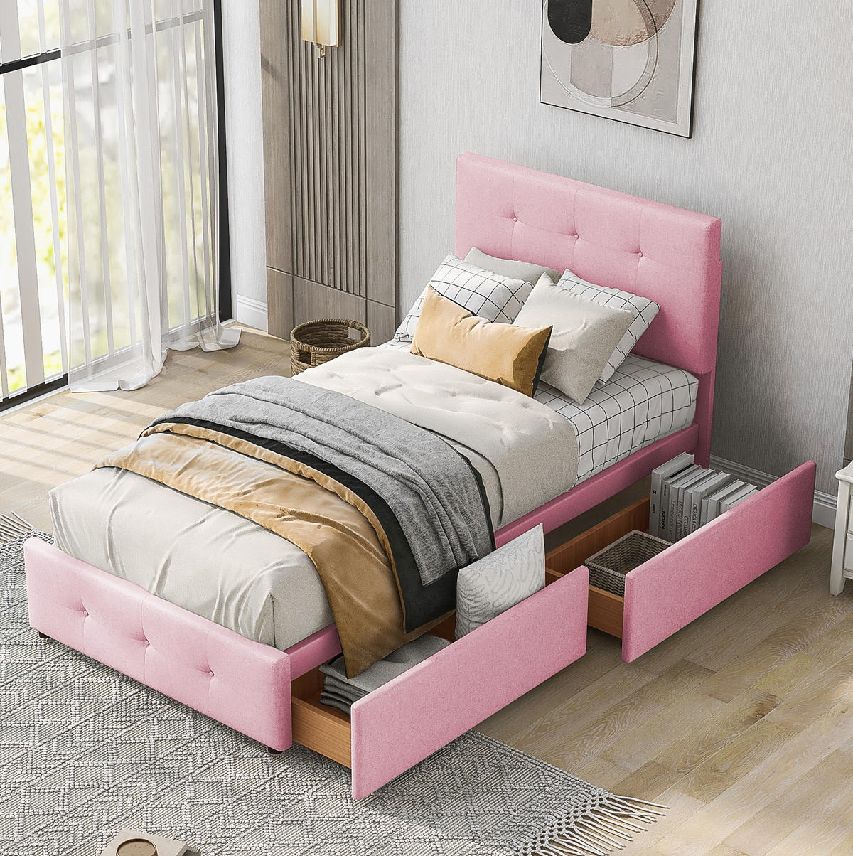 POLSTERBETT 90/200 cm mit Lattenrost, Rückenlehne und Schublade aus Samt, Pink - Pink, Textil (90/200cm) - Redom