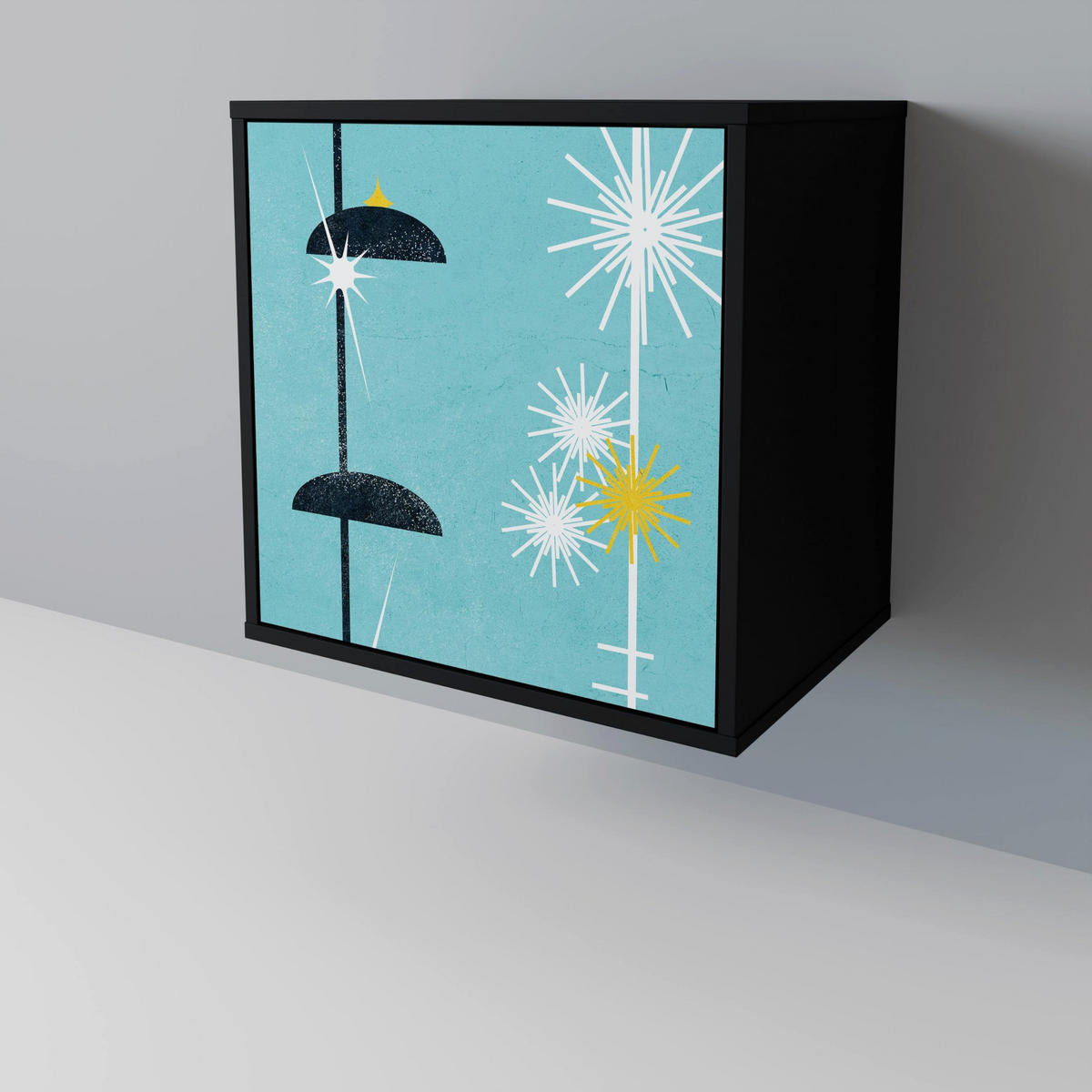 SIDEBOARD PATHS TO HAPPINESS, Schwarz, 57,5x42x75,5 cm, Goldfarbene Metallfüße - Goldfarben/Multicolor, Holzwerkstoff/Metall (57.5/75.5/42cm) - SpaceRebels