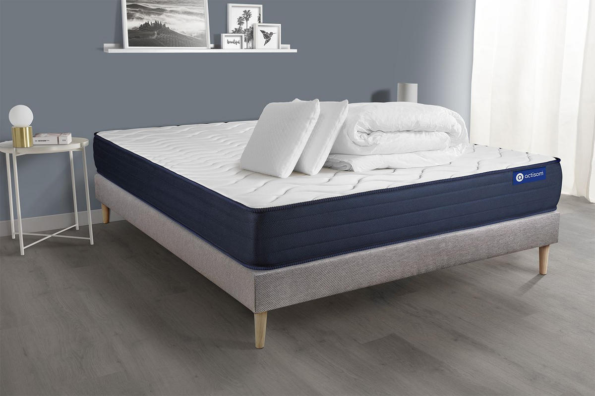 BETT Actiflex life Taschenfederkern und Memory-Schaum 180 x 200 cm h4 - Kit Bettgestell Grau - Mit Kissen und Bettdecke - Beige/Grau, Holz/Textil (180/200cm) - ACTISOM