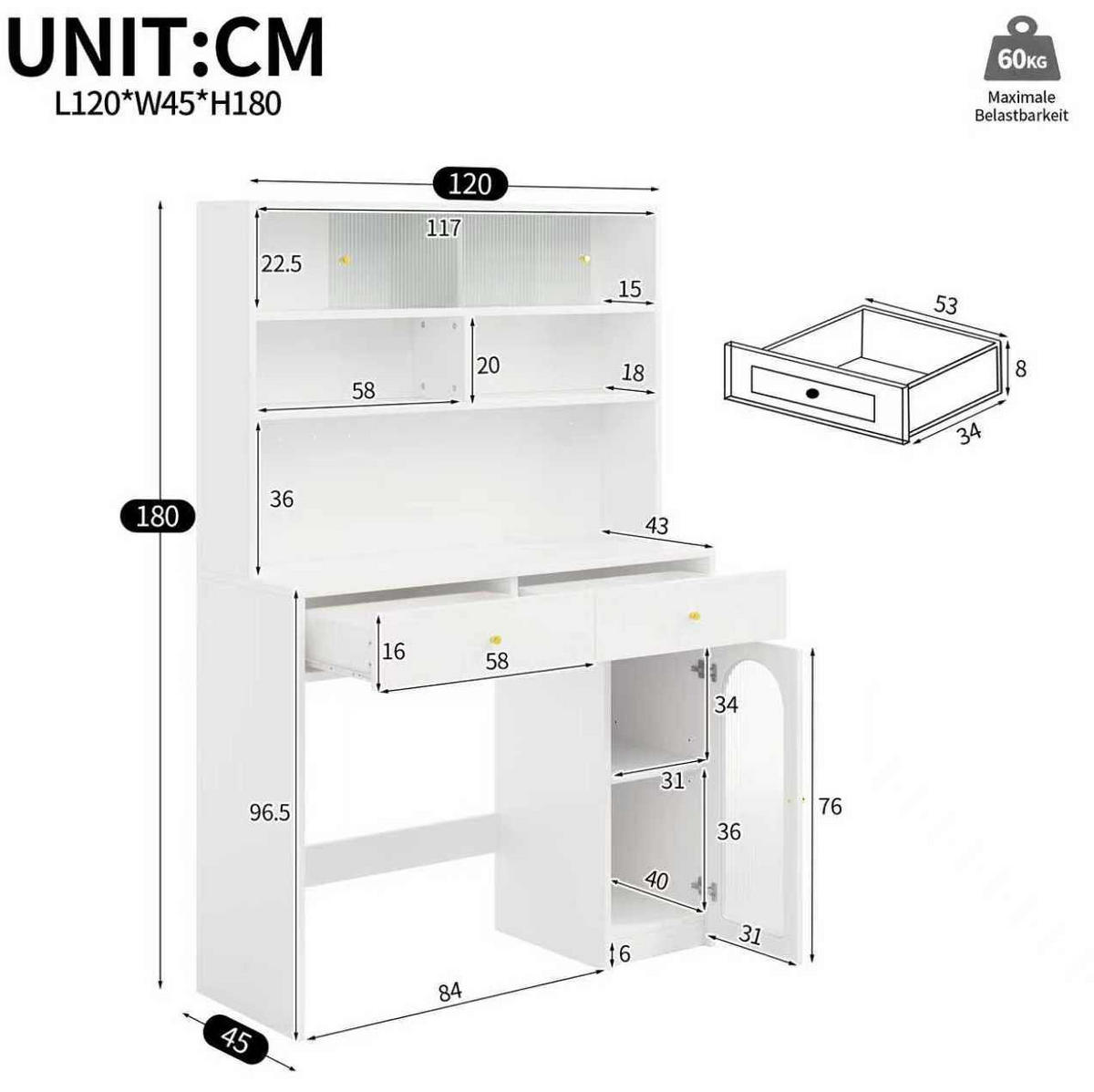 BUFFET aus MDF 120x45x180 cm Weiß mit Hakenleiste, 2 Schubladen und verstellbarem Einlegeboden - Weiß, Holzwerkstoff (120/180/45cm) - Modfu