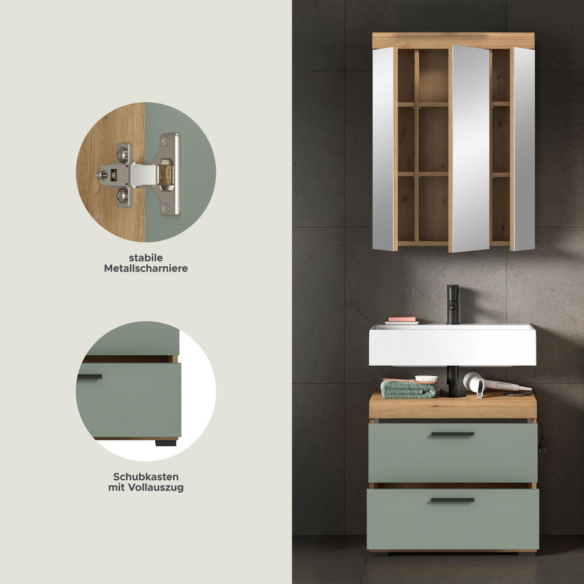 BADKOMBINATION 2tlg. Scout Bad in Artisan Eiche Nachbildung und Salbei Nachbildung B/H/T: 60x191x34 cm - Eiche Artisan, Holz (60/191/37cm)