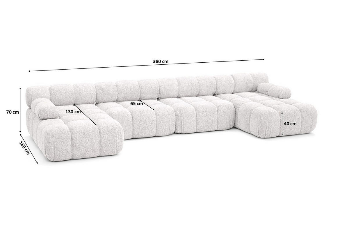 ECKSOFA U-Form XL, Stoff Bouclé Abriamo, Ecru, Selia U XL - Ecru, Holz (380/70/160cm) - Kaiser Möbel