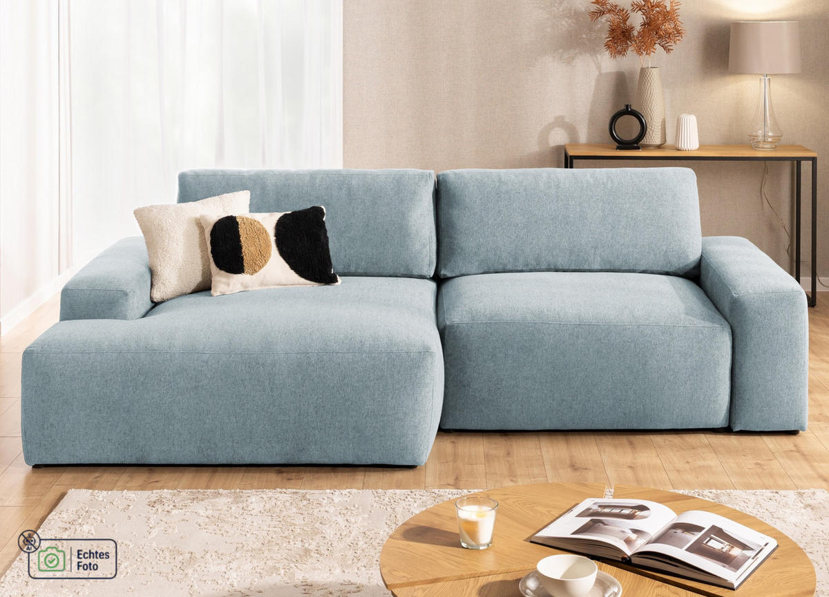 ECKSOFA Lennon aus Hellblau Strukturstoff mit Schlaffunktion und Bettkasten - Schwarz/Hellblau, Holz/Kunststoff (137/264cm) - S-Style