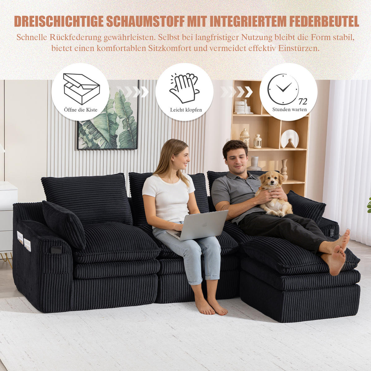 3-SITZER ECKSOFA Cord Schwarz mit Kissen und Hocker - Schwarz, Textil (263/167cm) - WISHDOR