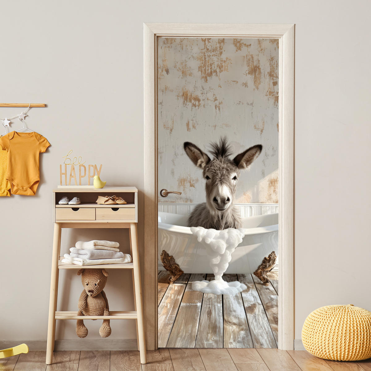 NÁLEPKA NA DVERE Osol - Zviera - Vintage - Vaňa 80x215 cm - farba duba, plast (80/0.1cm) - MuchoWow