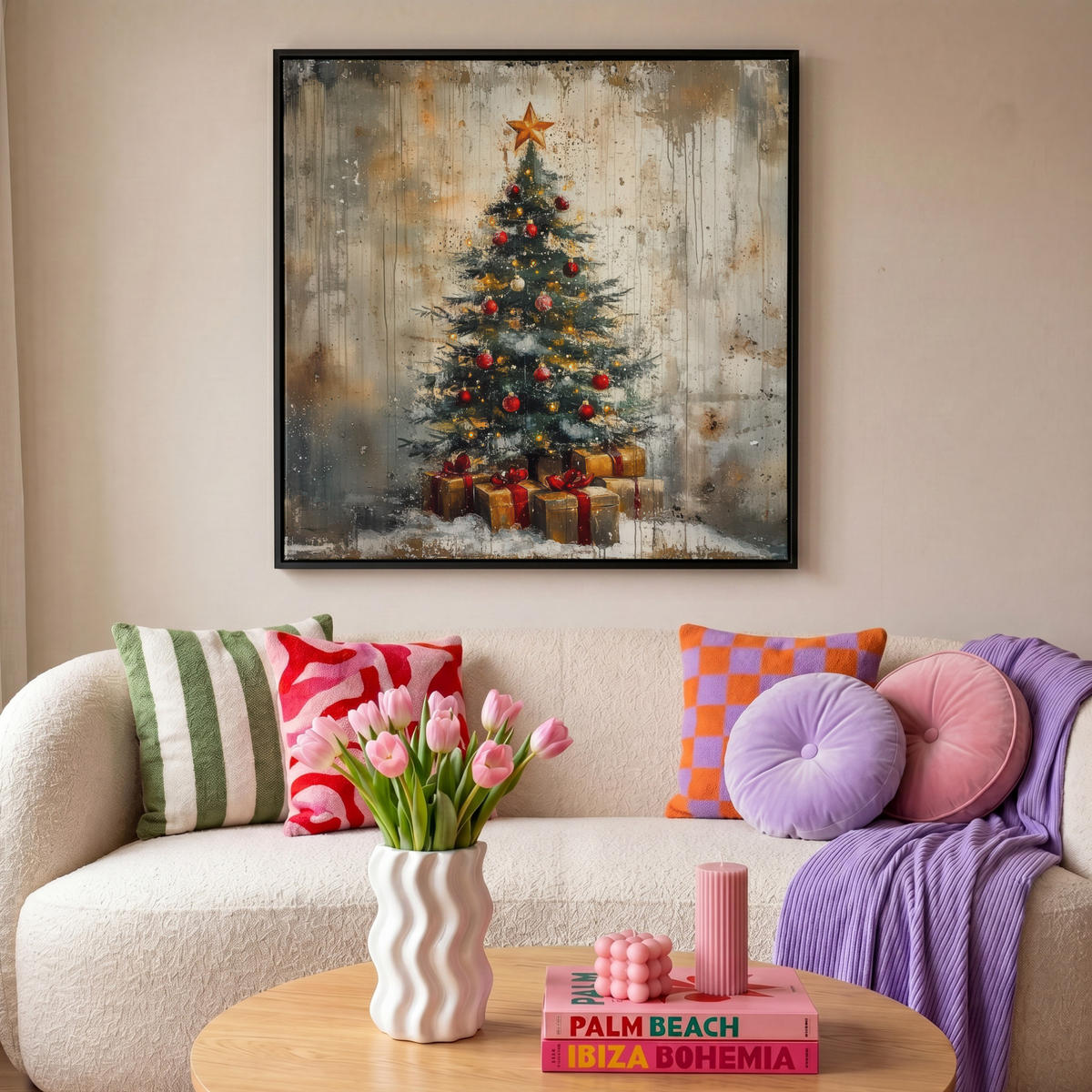 LEINWAND Bilder mit Rahmen - Weihnachtsbaum - Vintage - Weihnachten - Geschenk - 90x90 - Rostfarben, Textil (90/90cm) - MuchoWow
