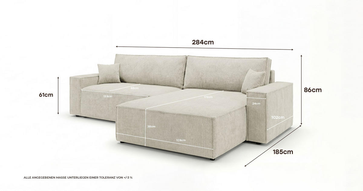 ECKSOFA VIENNA rechts weiß Cord Poso 100 - Schlaffunktion, Bettkasten - Weiß, Textil (285/184cm) - Cornero