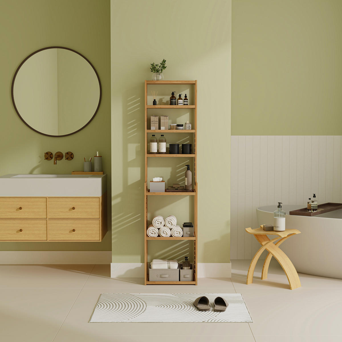 KÚPEĽŇOVÁ POLIČKA Forssa - prírodná farba, drevo (42/165/28cm) - [en.casa]