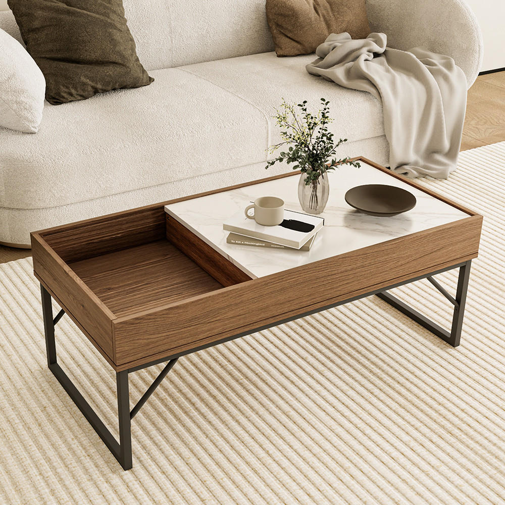 COUCHTISCH Lunero Nussbaum 105 x 50 cm - Weiß Hochglanz/Walnussfarben, Holzwerkstoff (50/105/40cm) - Vicco