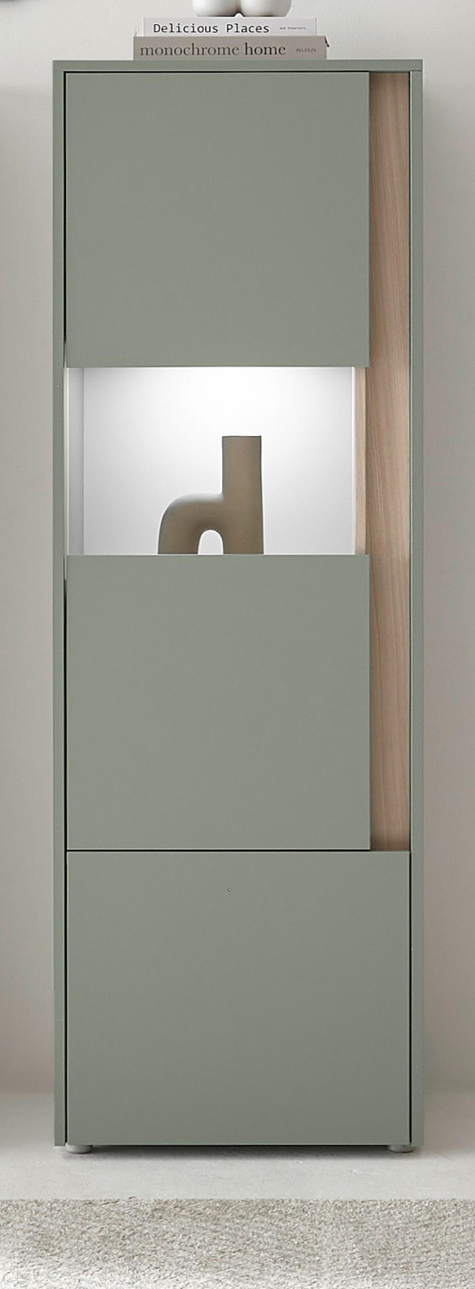 VITRINE Salbei grün, Barista Eiche 50 x 150 cm, Vitrinenschrank halbhoch - Salbeigrün/Eichefarben, Glas/Holzwerkstoff (50/155/40cm) - Furn.Design