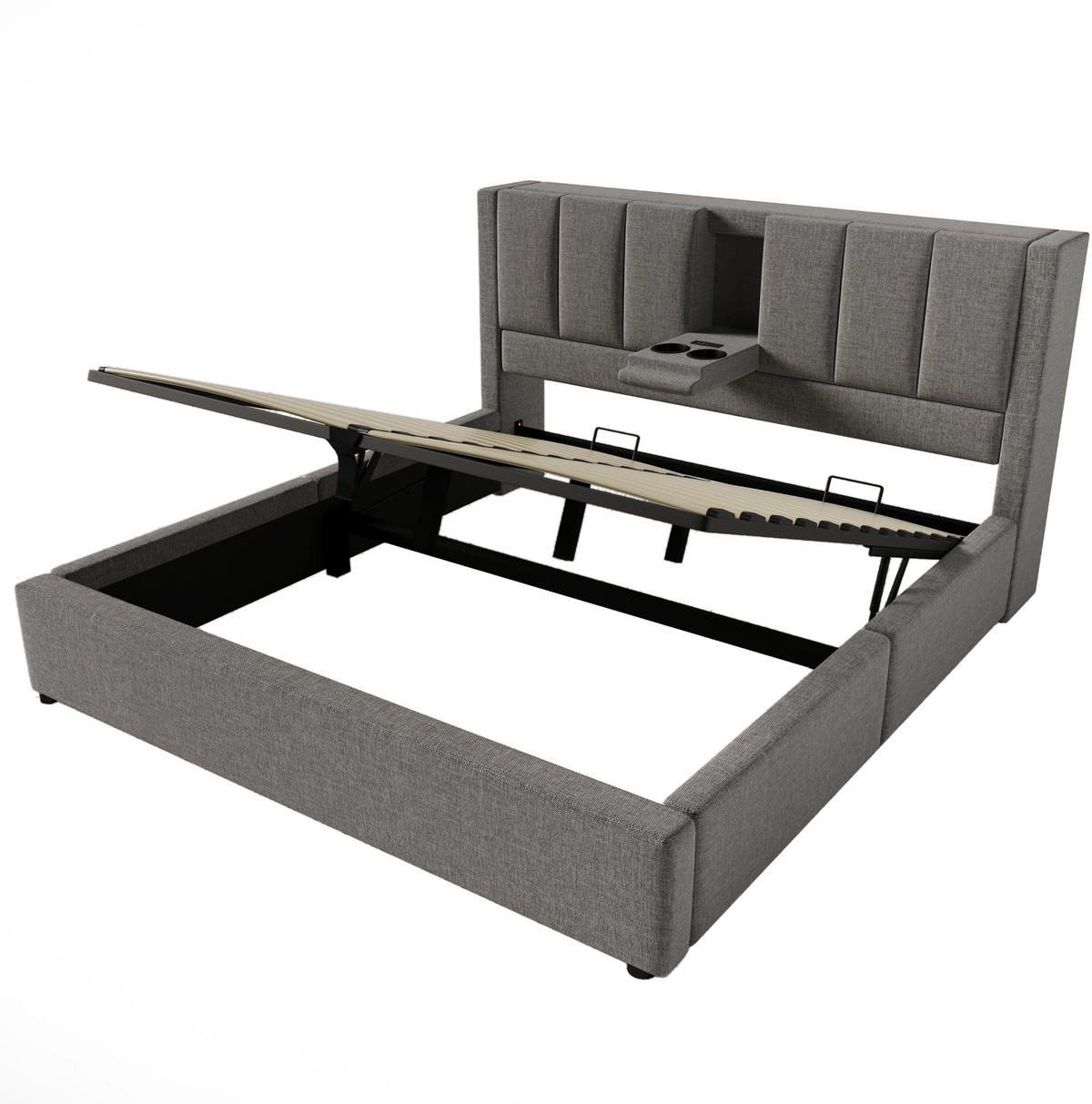 POLSTERBETT mit Stauraum & Ladestation 160 x 200 cm Leinen Grau - Grau, Metall (160/200cm) - Meubliv