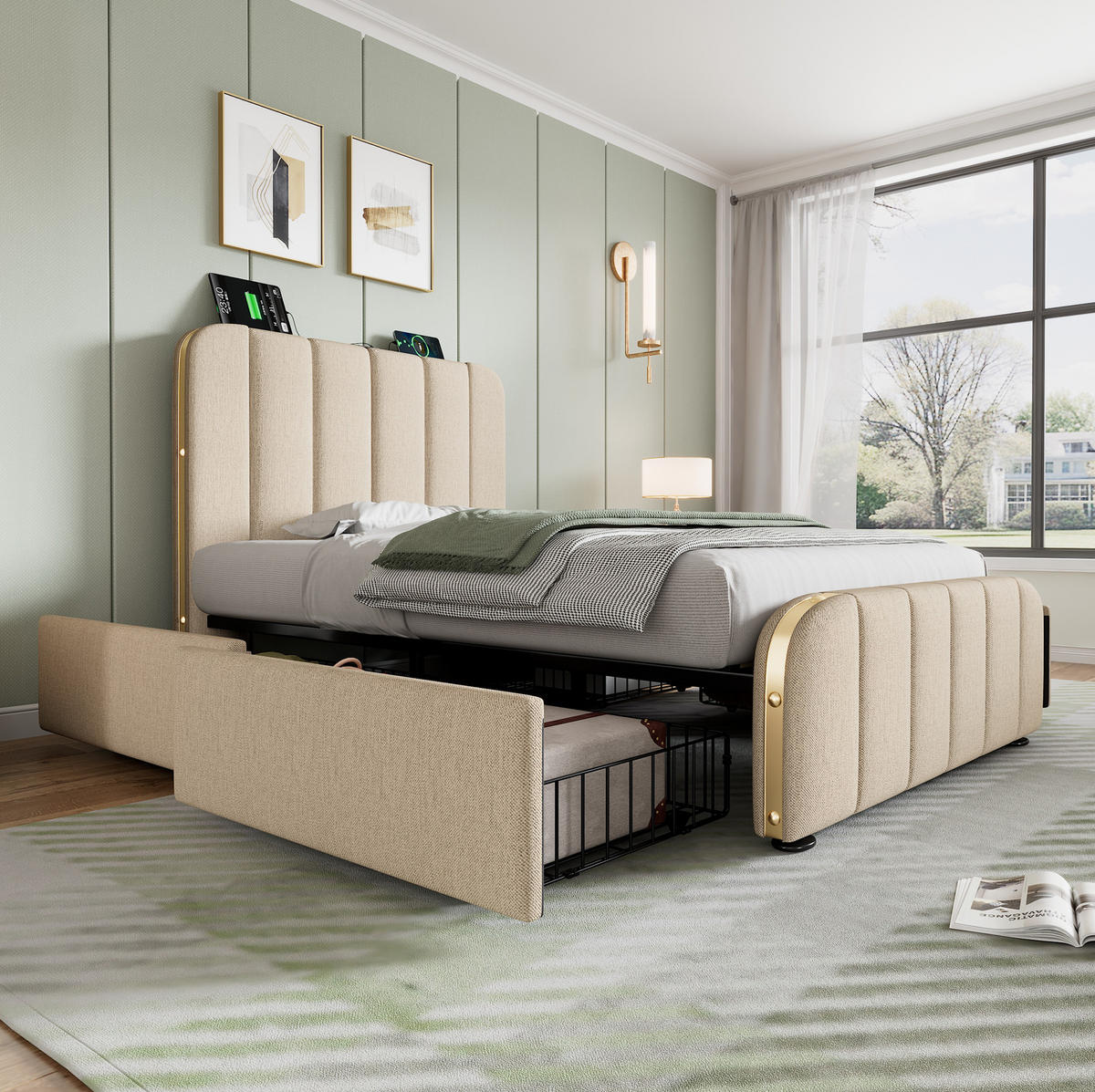 POLSTERBETT 90/200 cm in Beige mit 4 Schubladen und USB- und Type-C-Anschlüssen - Beige, Textil (90/200cm) - Flora Grace