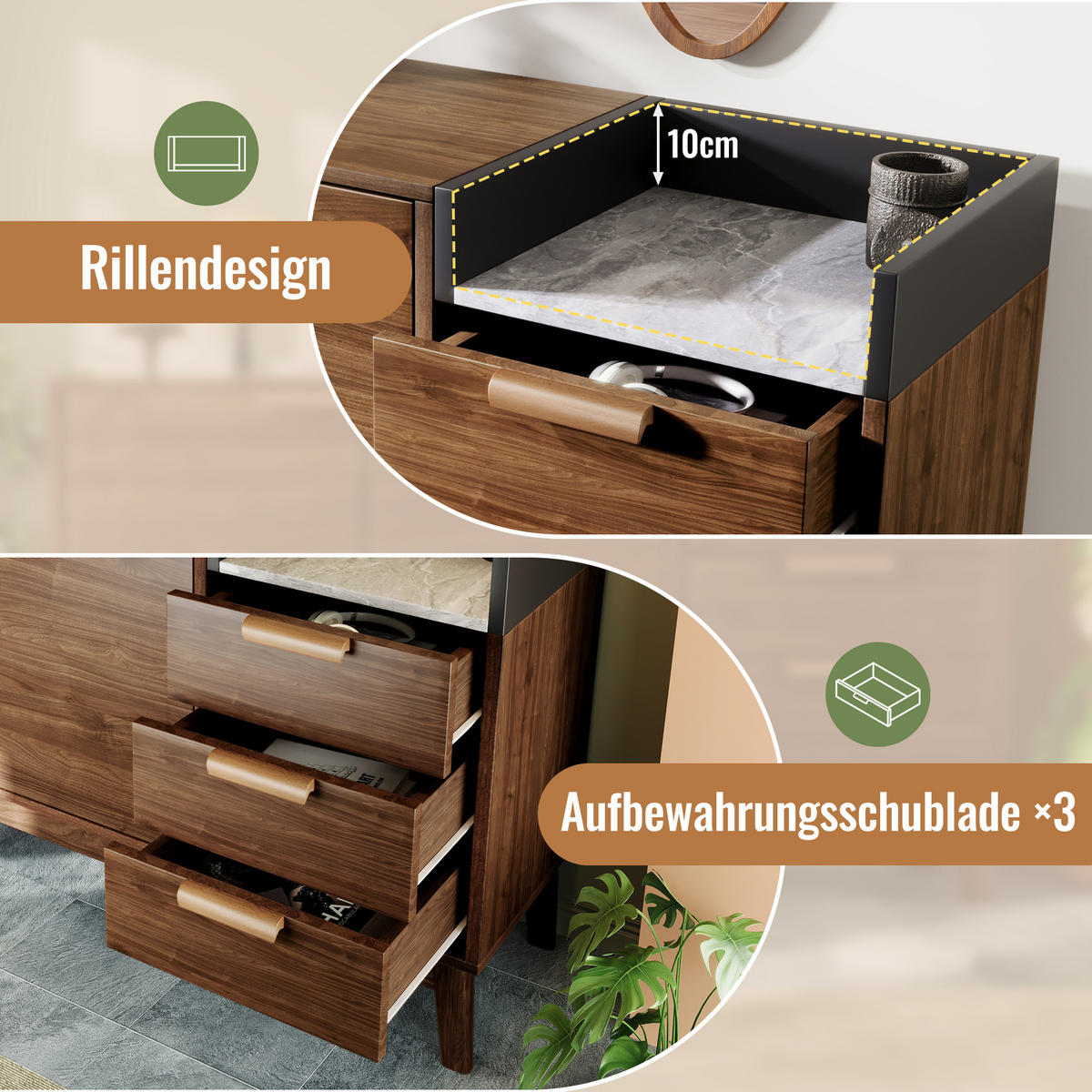 SIDEBOARD in Walnussoptik mit 2 Türen und 3 Schubladen - Braun, Holzwerkstoff (120/77/40cm) - Urban Meuble
