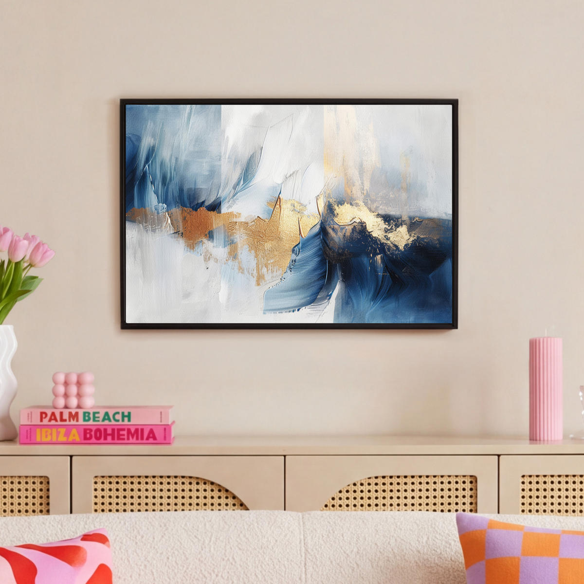 LEINWAND Bilder mit Rahmen - Gold - Blau - Aquarell - Kunst - Modern - 60x40 - Hellblau, Textil (60/40cm) - MuchoWow