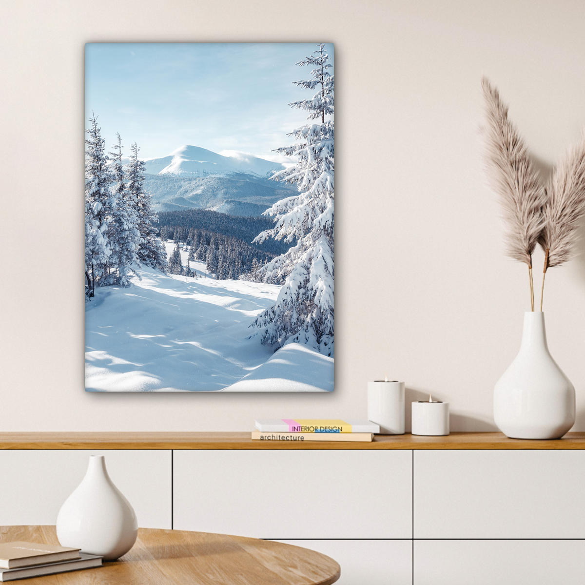 LEINWANDBILD Winterlandschaft - Natur - Berge - Bäume - Schnee Wandbild Wohnzimmer 60x80 cm - Hellblau, Textil (60/80cm) - MuchoWow