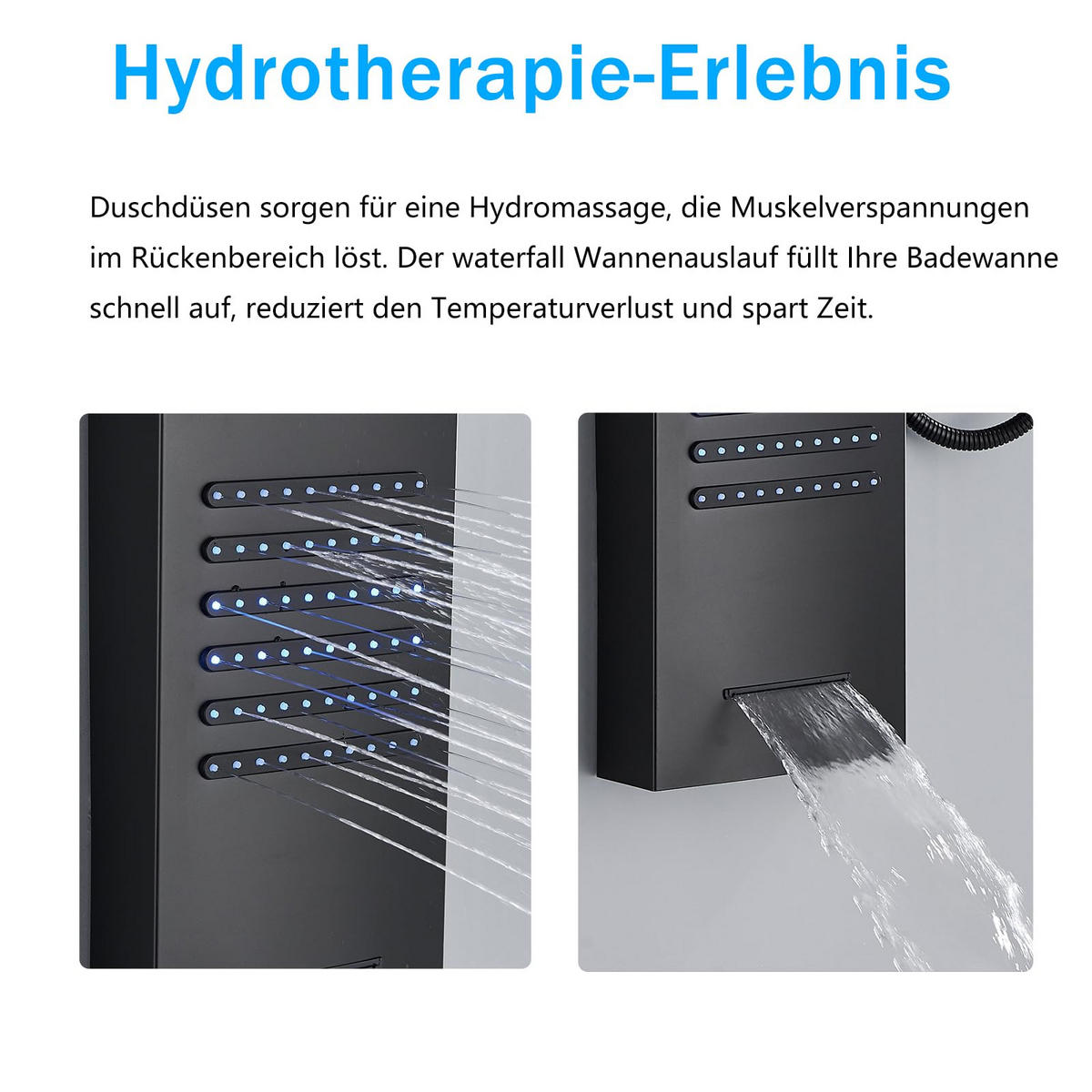 ÜBERKOPFBRAUSESET Schwarz LED Regendusche Massagedüsen - Schwarz, Metall (20/122/46cm) - Kaket