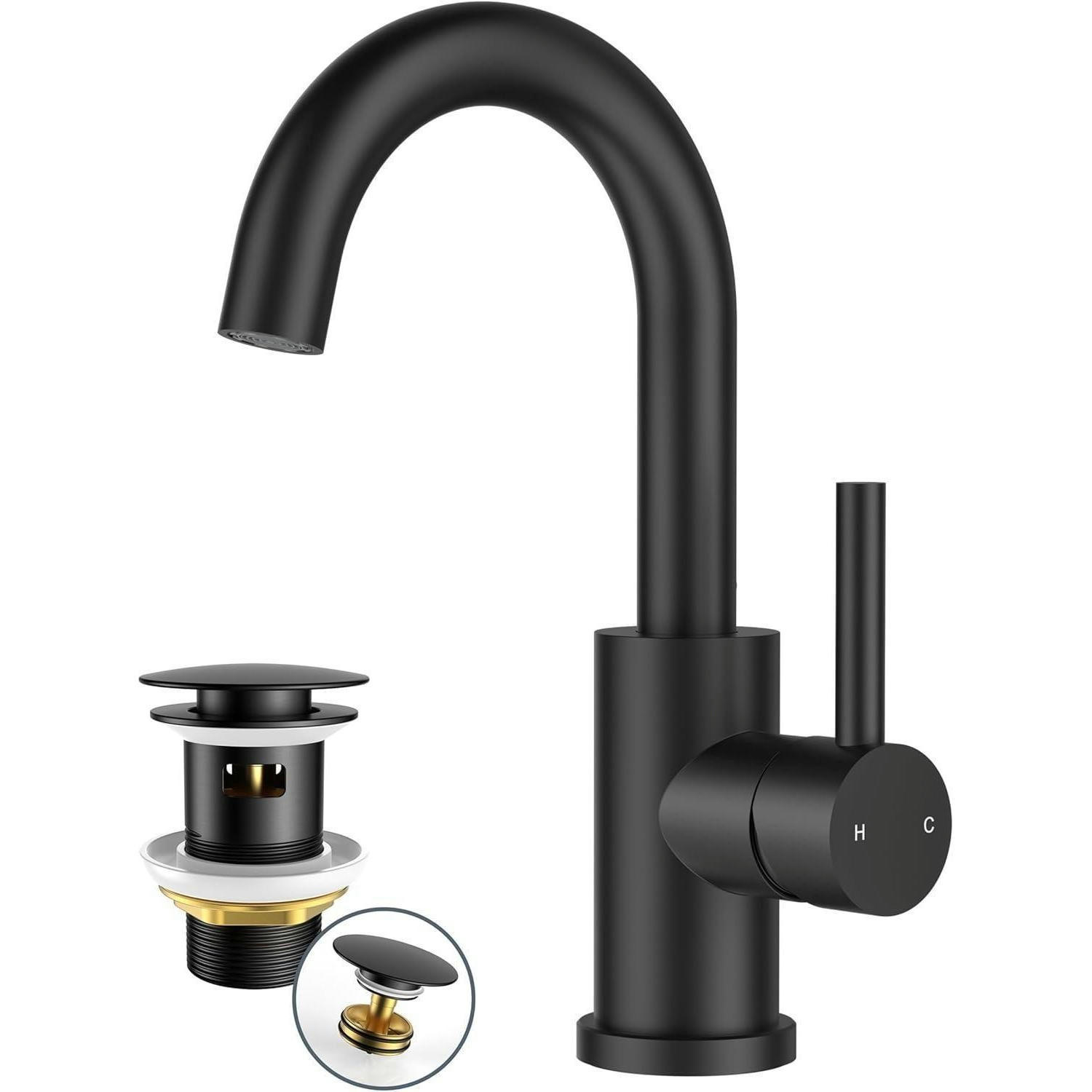 WASCHTISCHARMATUR Hoch Matt-Schwarz mit Ablaufgarnitur 175mm - Schwarz, Metall (15.1/17.5/25cm)
