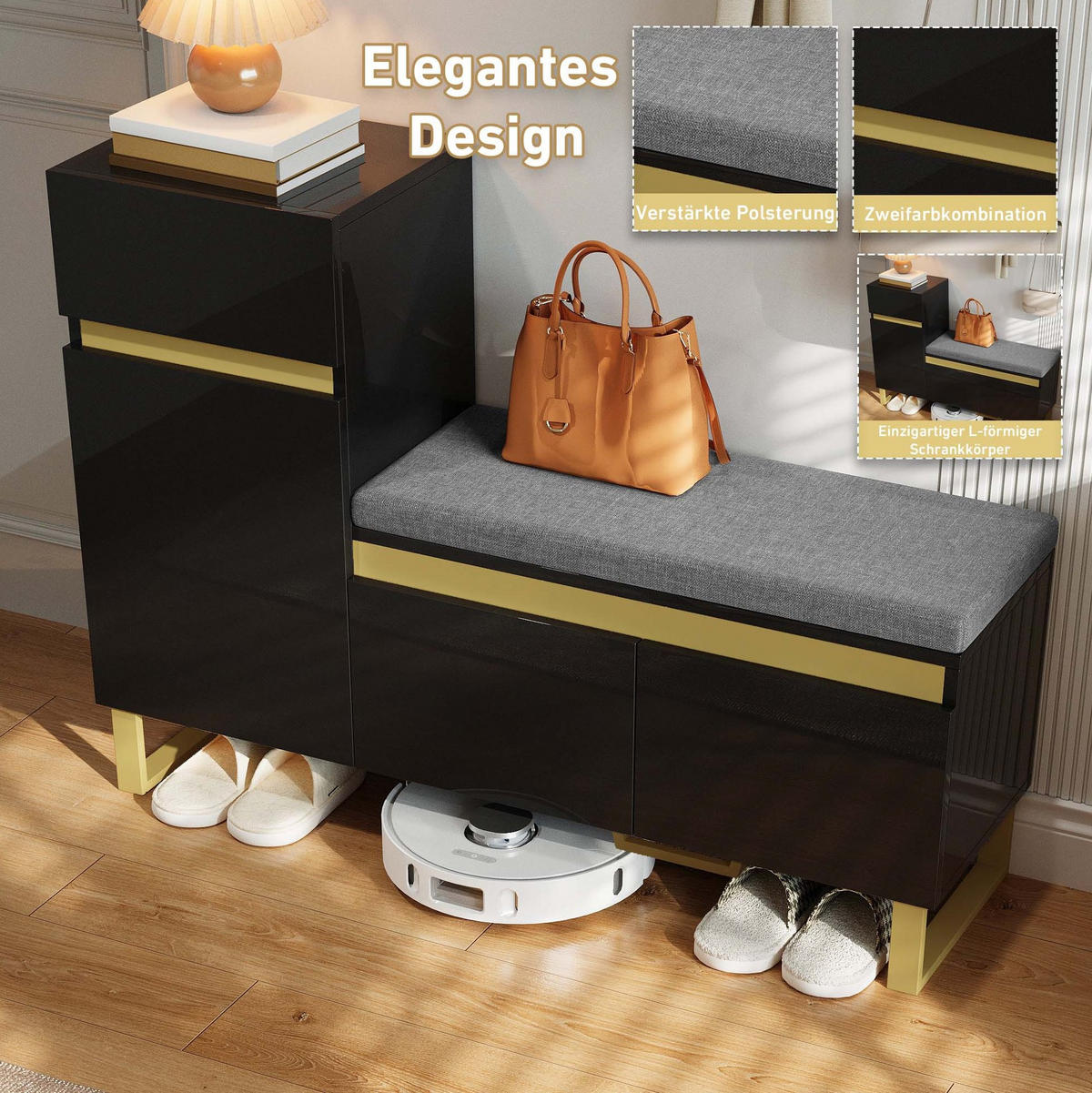 SCHUHSCHRANK 120/35/85 cm in Schwarz mit Sitzkissen, 1 Schublade und 2 Türen - Schwarz, Holzwerkstoff (120/85/35cm) - BEAOK