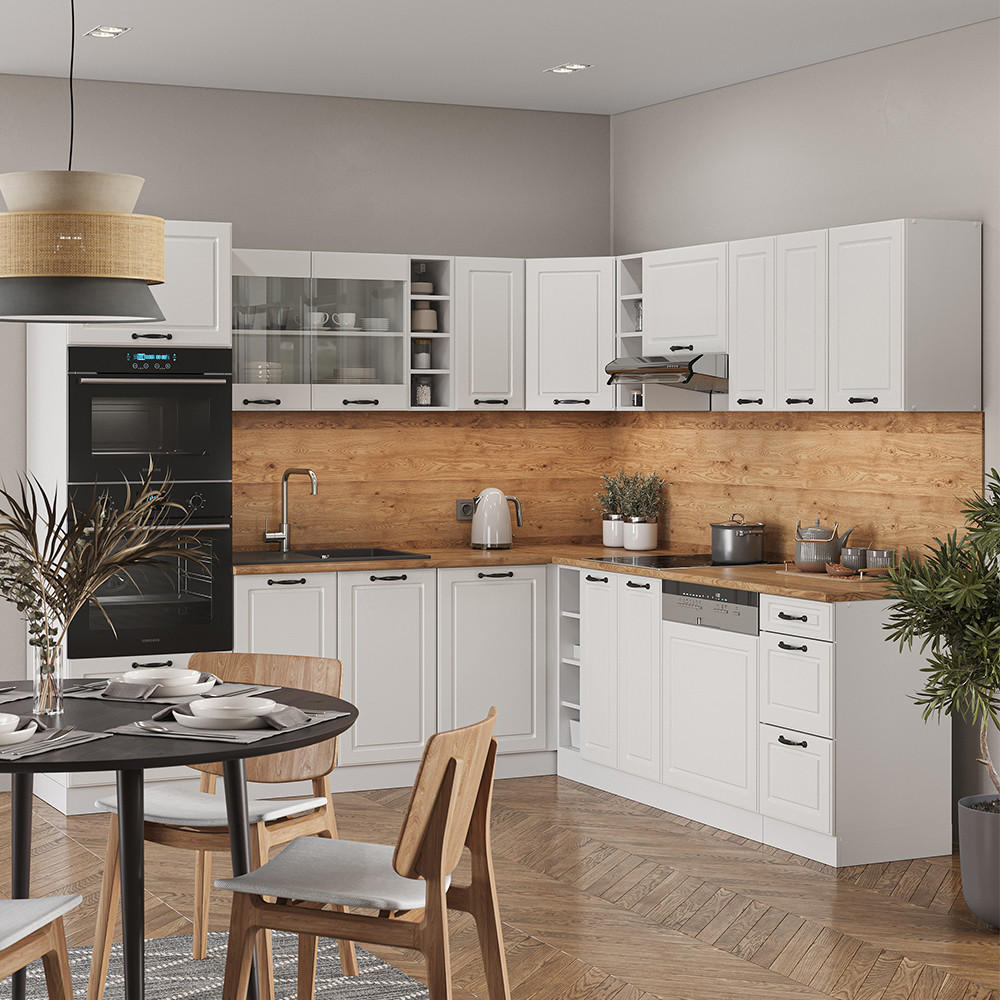 ECKKÜCHE R-Line Weiß Landhaus/Weiß 237 x 60 cm ohne AP - Creme/Weiß, Holzwerkstoff (247/81.6/46cm) - Vicco