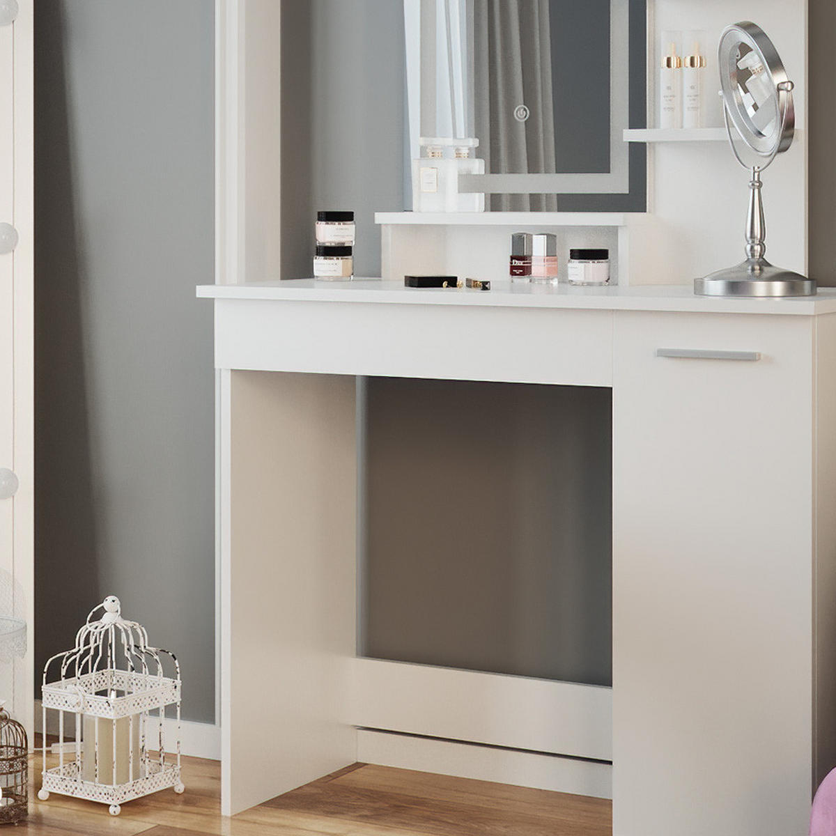 SCHMINKTISCH Julia Weiß 90 cm mit LED-Spiegel - Weiß, Holzwerkstoff (90/137.5/38cm) - Vicco