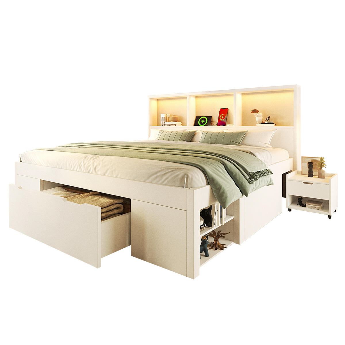 POLSTERBETT 140x190 cm in Weiß mit LED, USB-C & beweglichem Nachttisch - Weiß, Holzwerkstoff (140/190cm) - Modfu