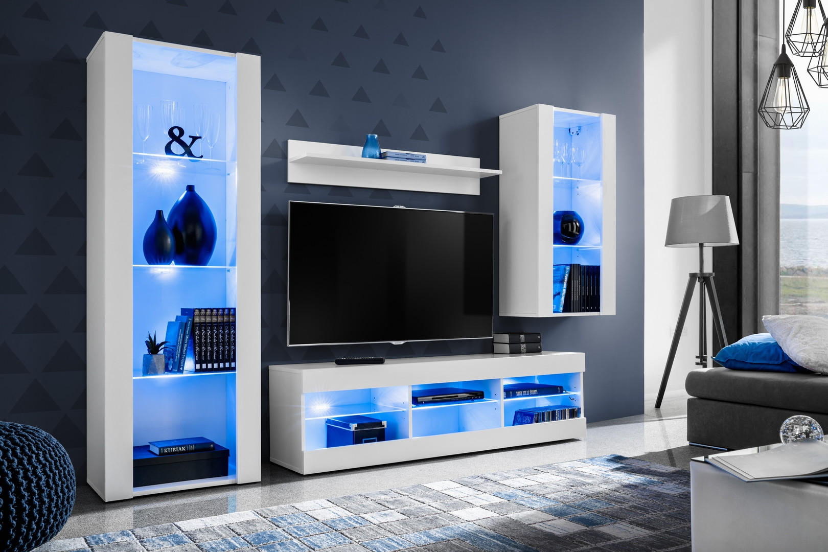 WOHNZIMMERSET TIVOLI MEDIO, 4er-Set, Weiss, LED Blau - Weiß, Glas/Holzwerkstoff (245/159/35cm) - Komodee
