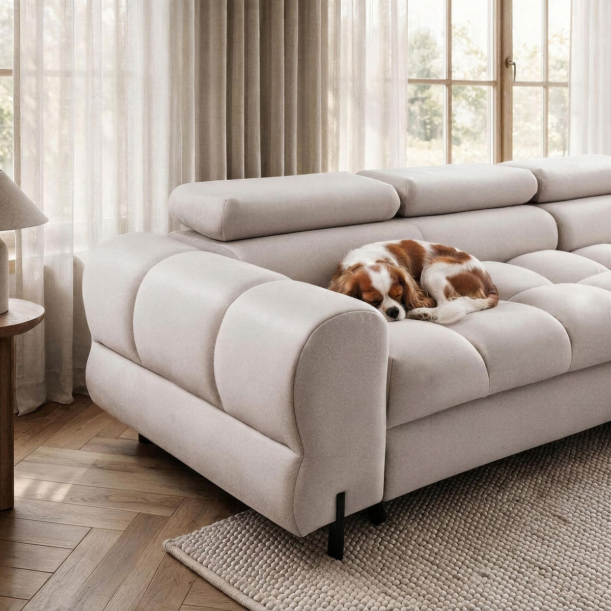 ECKSOFA UFFO L Rechts mit Schlaffunktion 260x195 Velours Creme - Creme/Schwarz, Holz/Textil (195/260cm) - Muffo