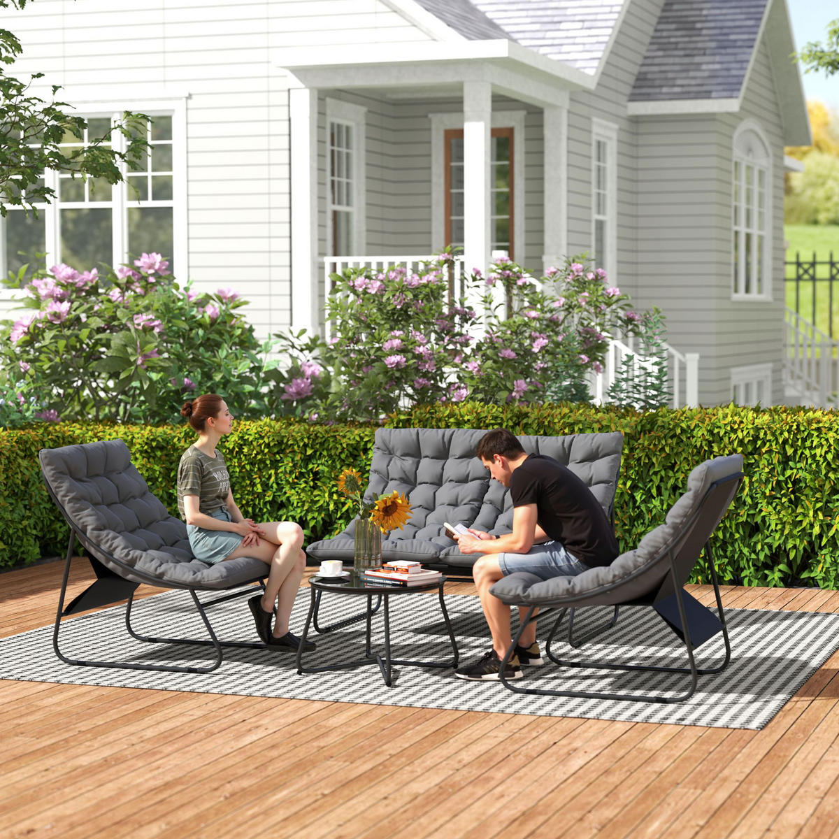 4-SITZER GARTENMÖBEL-SET DE-06540 2 Stühle, 1 Doppel-Sofa, 1 Tisch, dicke Kissen Grau - Grau, Textil/Metall - ComfortXL