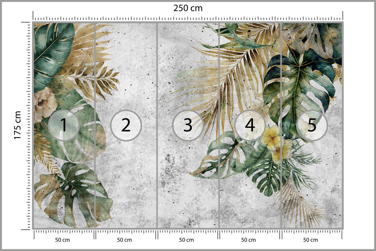 FOTOTAPETE für Wohnzimmer Tropische Blätter Blumen auf Grauer Beton 250x175 - Braun/Grau, Papier (250/175cm) - Muralo